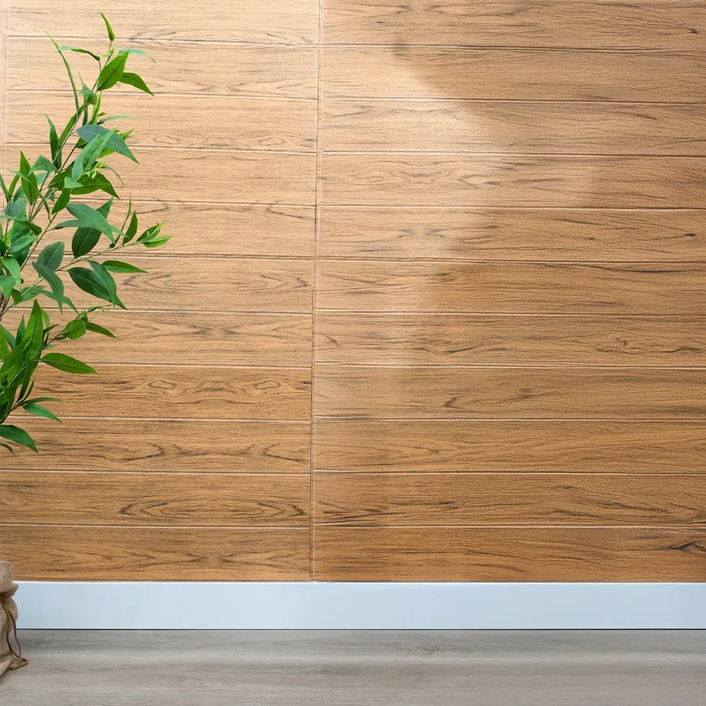 Placa autoadhesiva simil madera 3D para pared instalada en living moderno